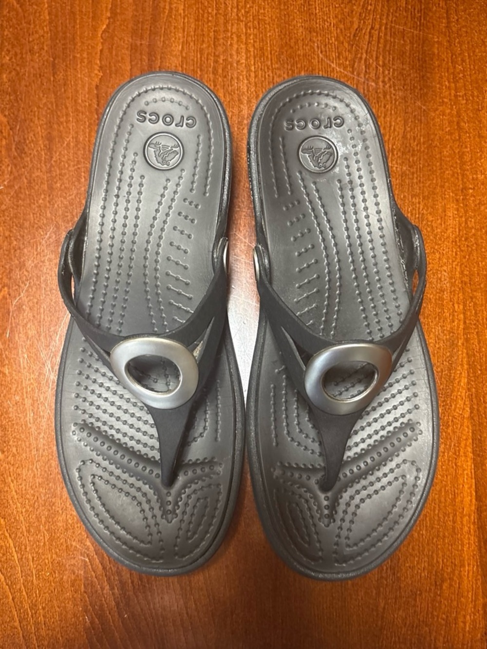 CROCS Men's Black Thong Sandals with Silver Ring